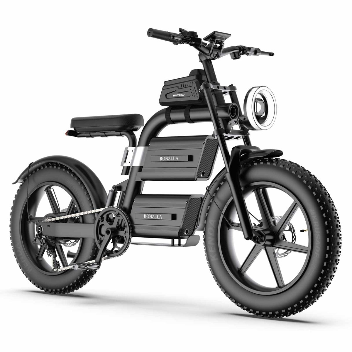 ZORYKEN E20 Plus bicicleta elétrica Fat Tire preta em vista lateral de três quartos, com pneus 20×4.0 e quadro de bateria dupla