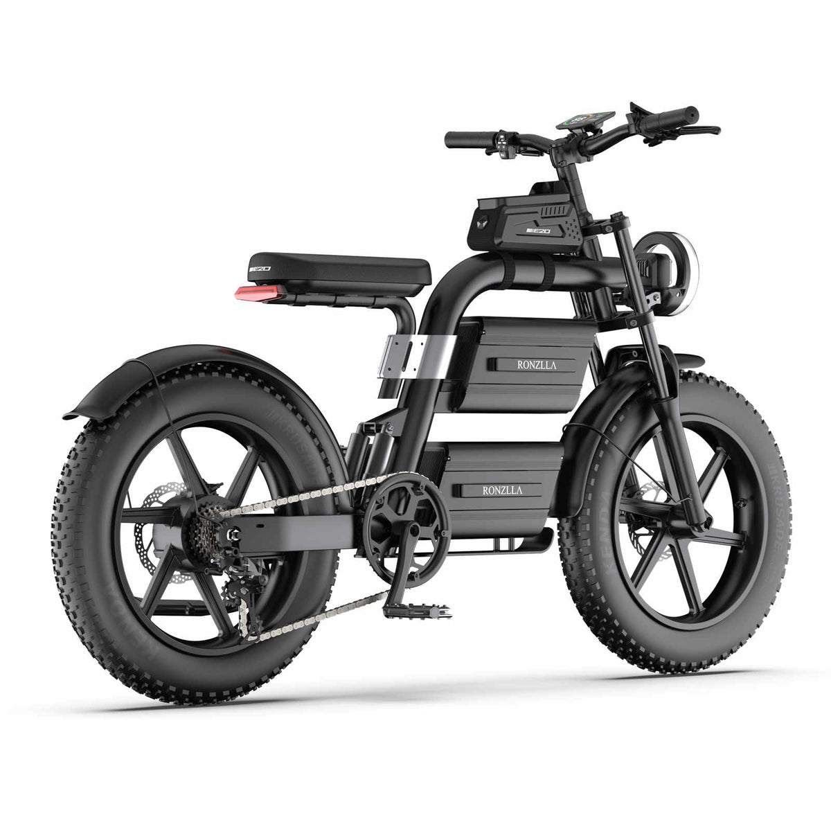 ZORYKEN E20 Plus bicicleta elétrica Fat Tire em vista lateral, com freios a disco dianteiro e traseiro e suspensão