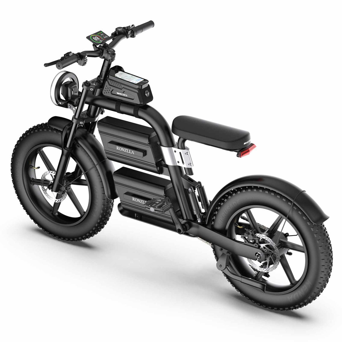 ZORYKEN E20 Plus bicicleta elétrica vista pelo lado da transmissão, com câmbio traseiro Shimano e pneus Fat 20×4.0