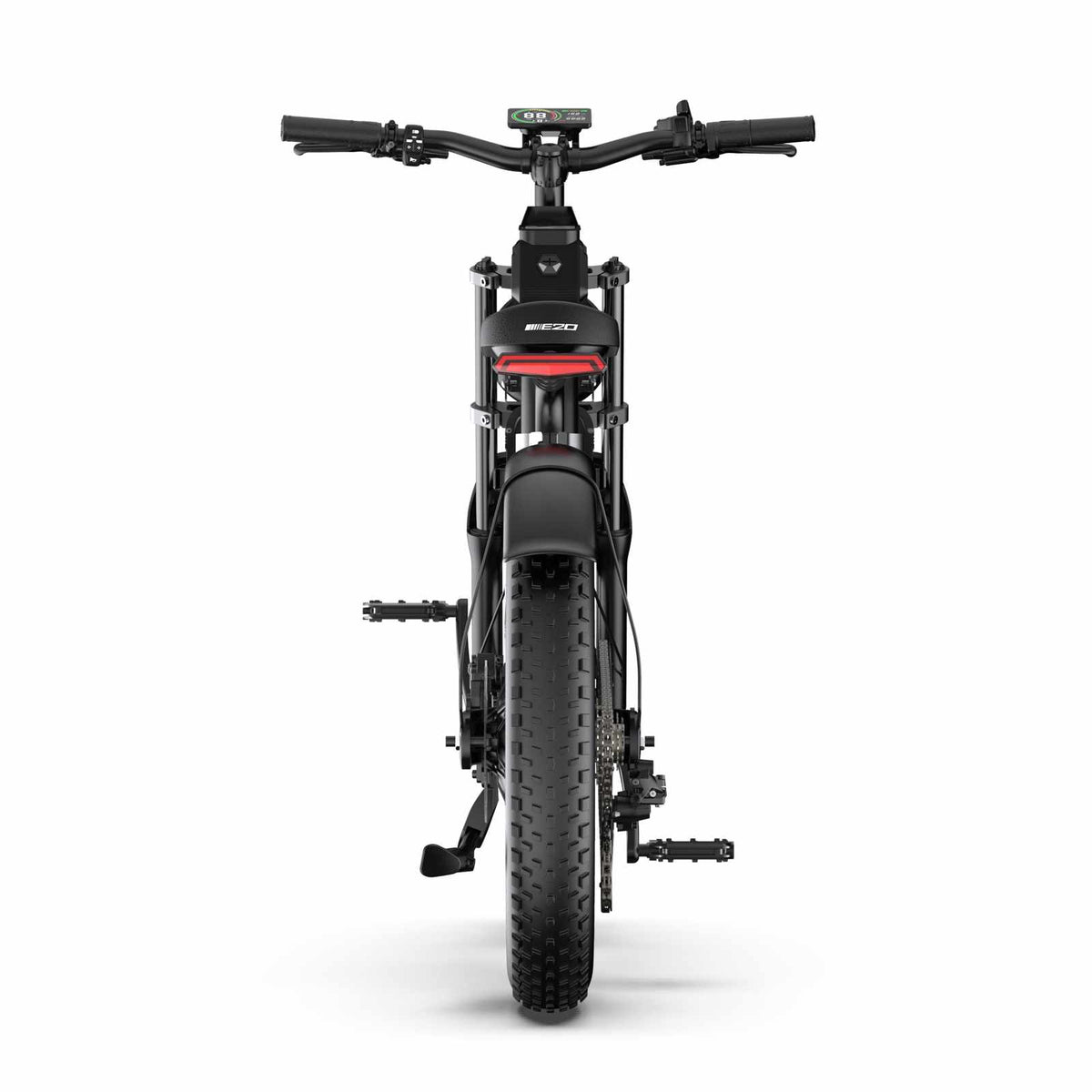 ZORYKEN E20 Plus bicicleta elétrica vista pela traseira, com pneu Fat, lanterna traseira e guidão