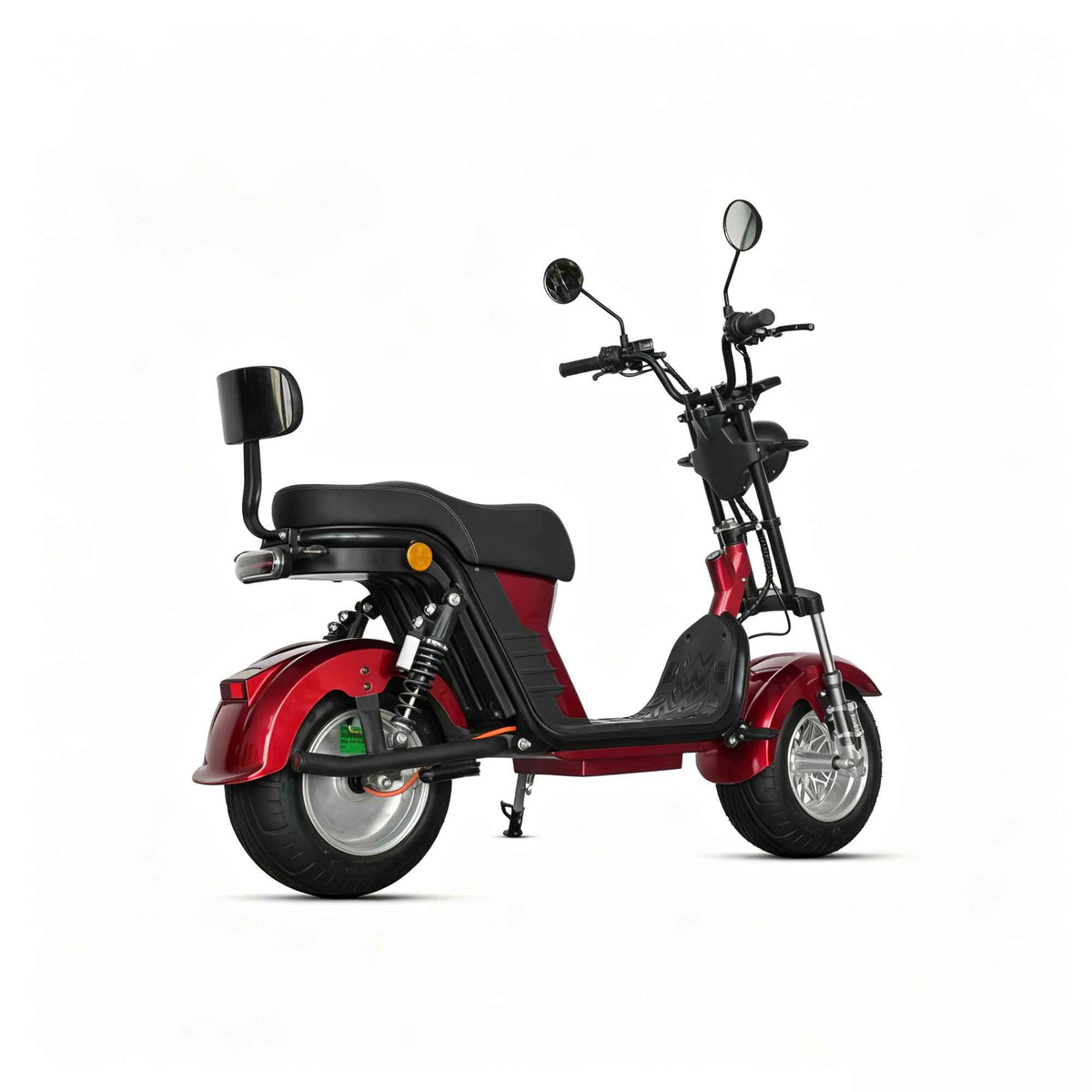 Visão traseira em 45 graus da scooter elétrica ZORYKEN M8-2000 com motor de 1000W, exibindo a lanterna traseira e o encosto para o passageiro.