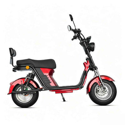 Vista de perfil lateral direito da moto elétrica ZORYKEN M8-2000 com bateria de 60V 24Ah, duplo amortecedor traseiro e amplo espaço para os pés.