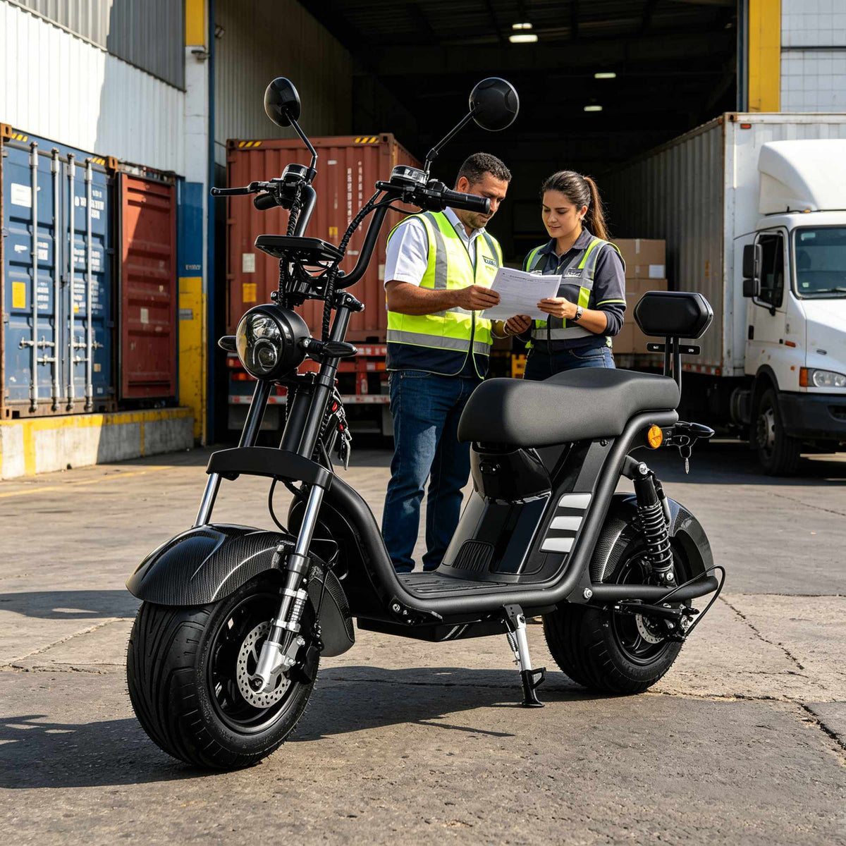Dois operadores de logística vestindo coletes refletivos avaliando documentos ao lado de uma scooter elétrica ZORYKEN M8-2000 preta em um pátio de contêineres, focando no uso comercial e frotas B2B.
