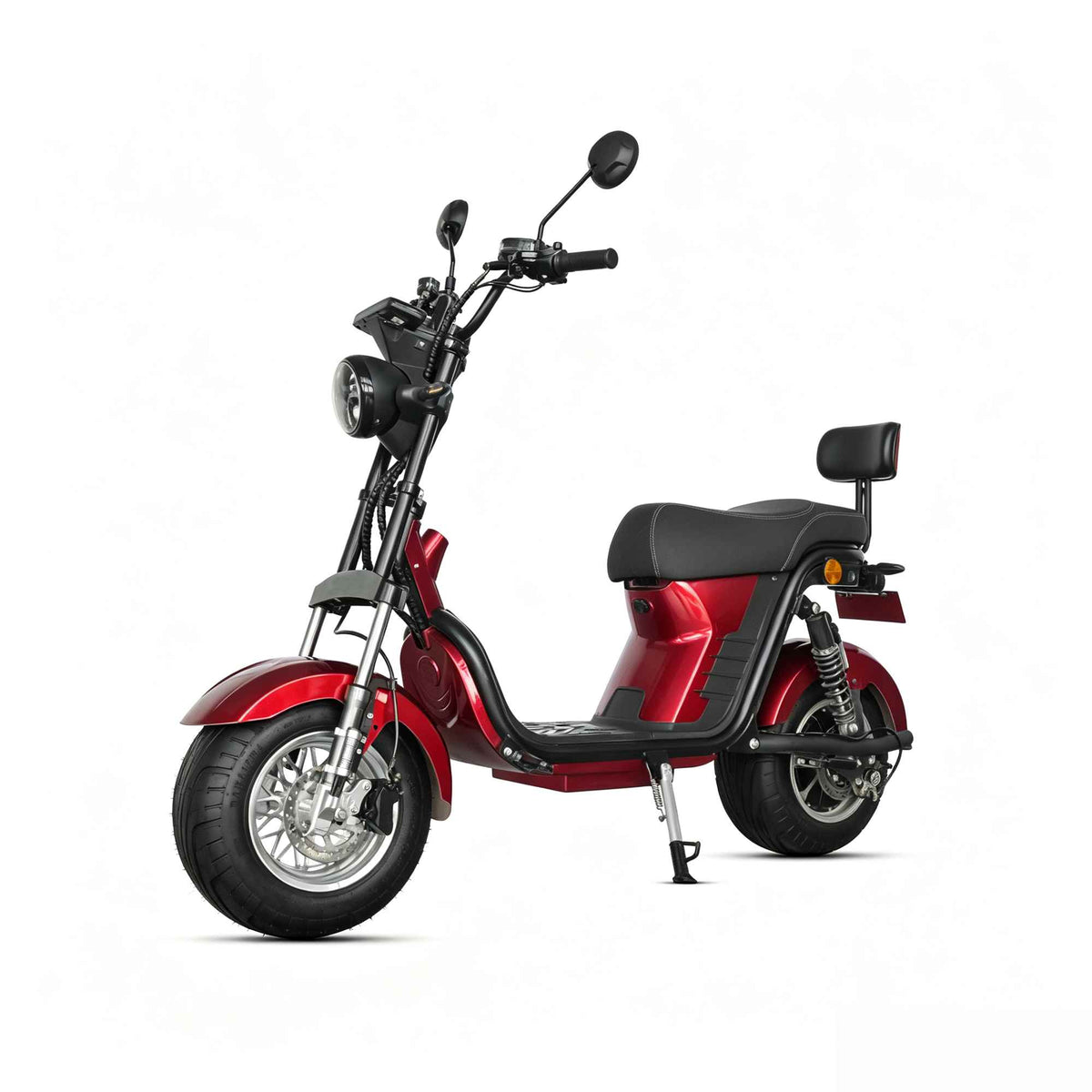 Visão frontal esquerda da scooter elétrica ZORYKEN M8-2000, destacando a roda de liga leve, freio a disco dianteiro e suspensão dianteira estilo moto.