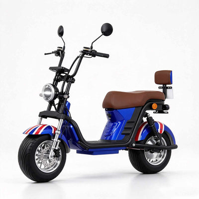 Vista lateral da scooter elétrica ZORYKEN M8-2000 azul, com para-lamas decorados em vermelho e branco, plataforma para os pés e banco marrom com encosto.