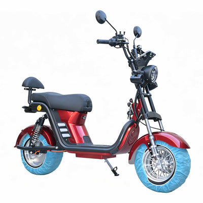 Scooter elétrica ZORYKEN M8-3000 na cor vermelho metálico vista de ângulo, mostrando o design do quadro em ferro, apoio de pé plano e o sistema de suspensão dianteira.