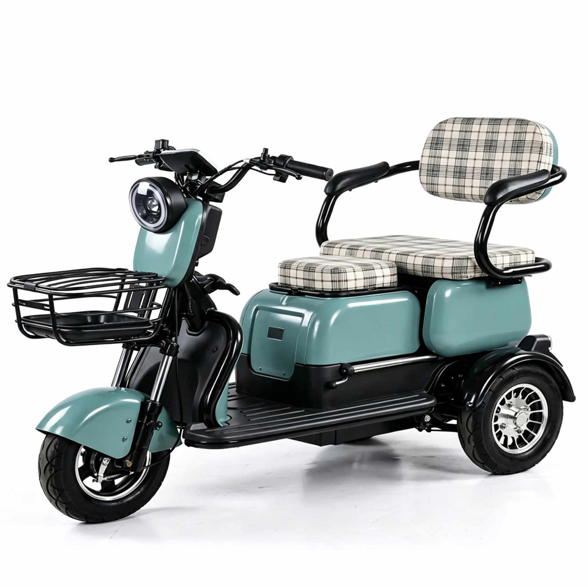 Scooter elétrica de três rodas ZORYKEN S3 na cor ciano com assento duplo quadriculado, oferecendo conforto e segurança para o mercado de locação e turismo.