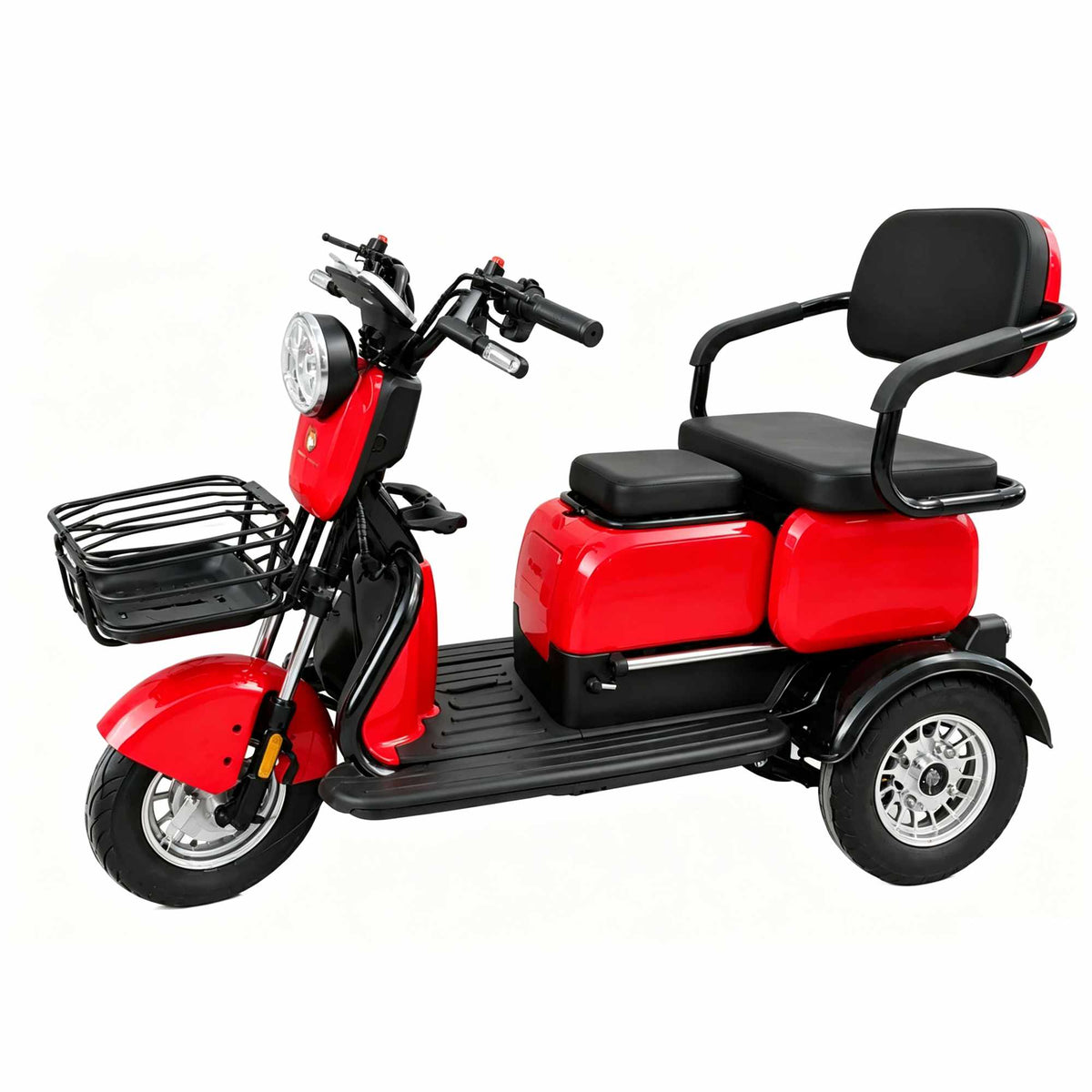 Scooter elétrica de 3 rodas ZORYKEN S3 vermelha com cesta frontal e assento duplo com encosto, modelo disponível para importação e distribuidores atacados.