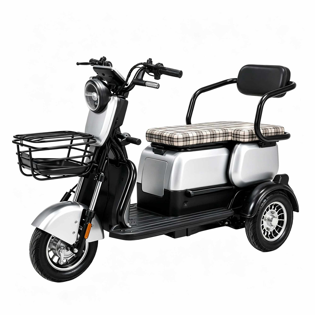 Modelo prata da scooter elétrica de 3 rodas ZORYKEN S3 com motor potente de 1000W, cesta de carga e freios eficientes para revendedores automotivos B2B.