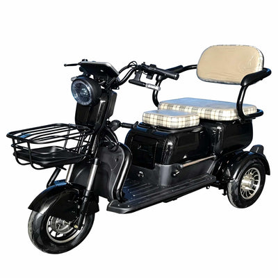 Triciclo elétrico premium ZORYKEN S3 preto com assento estofado xadrez retrô, focado no mercado de mobilidade para idosos e uso em condomínios fechados.