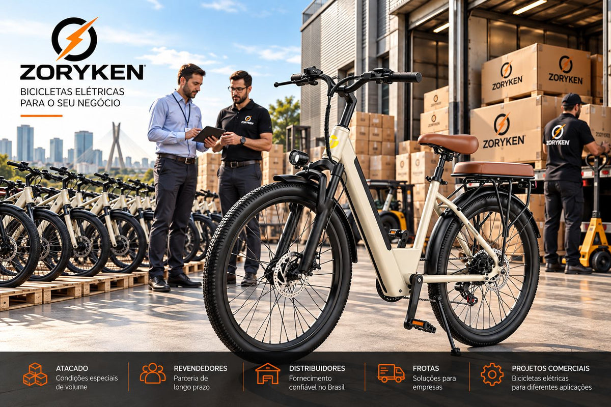 ZORYKEN S600 bicicleta elétrica urbana com quadro baixo, assento traseiro e freios a disco em cenário de fornecimento B2B