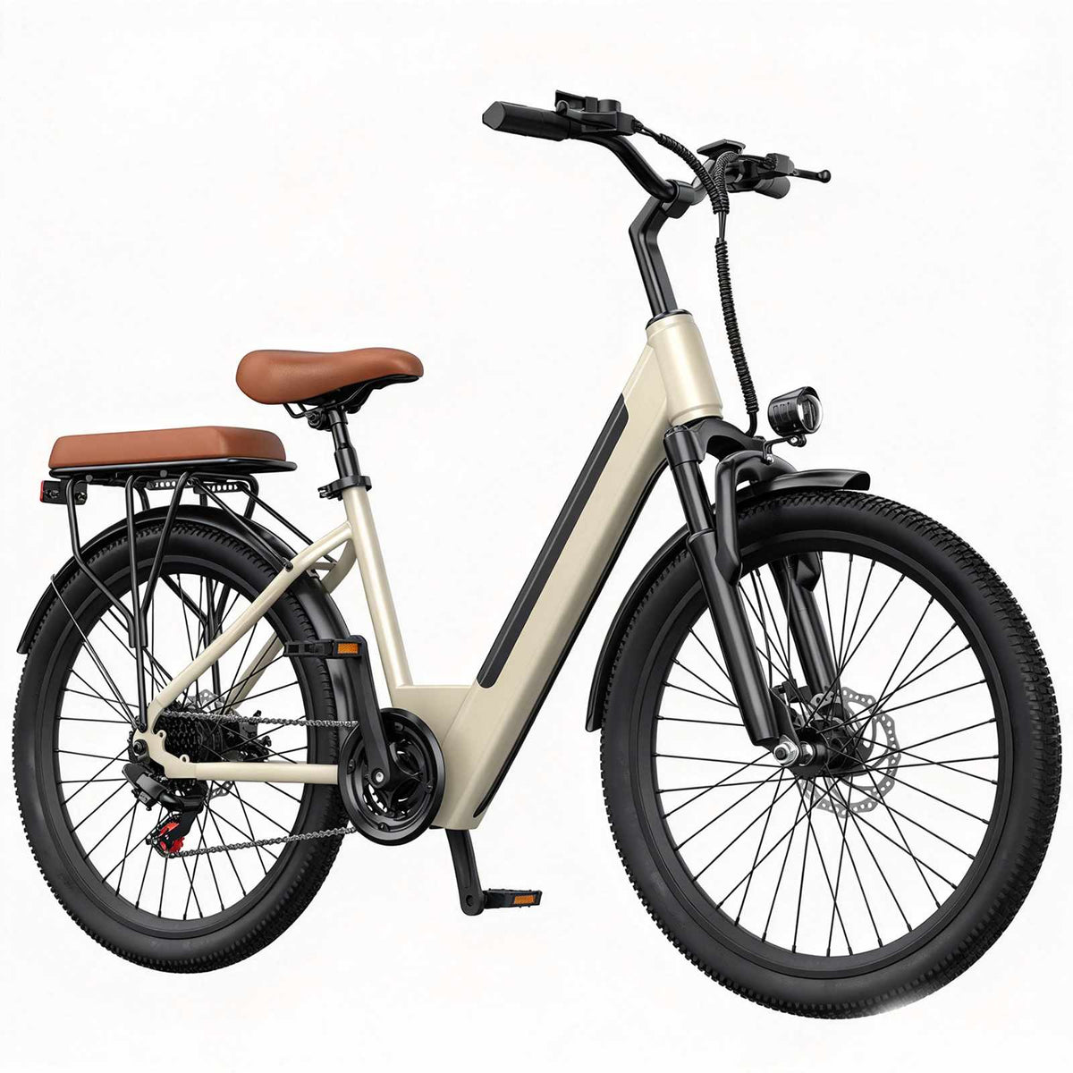ZORYKEN S600 bicicleta elétrica urbana aro 26 com quadro step-through, suspensão dianteira, freios a disco e assento traseiro para fornecimento B2B