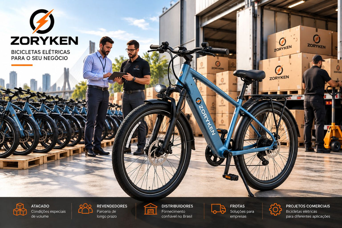 ZORYKEN S800 bicicleta elétrica aro 26 em cenário B2B com fornecimento para atacado, revendedores, distribuidores e frotas