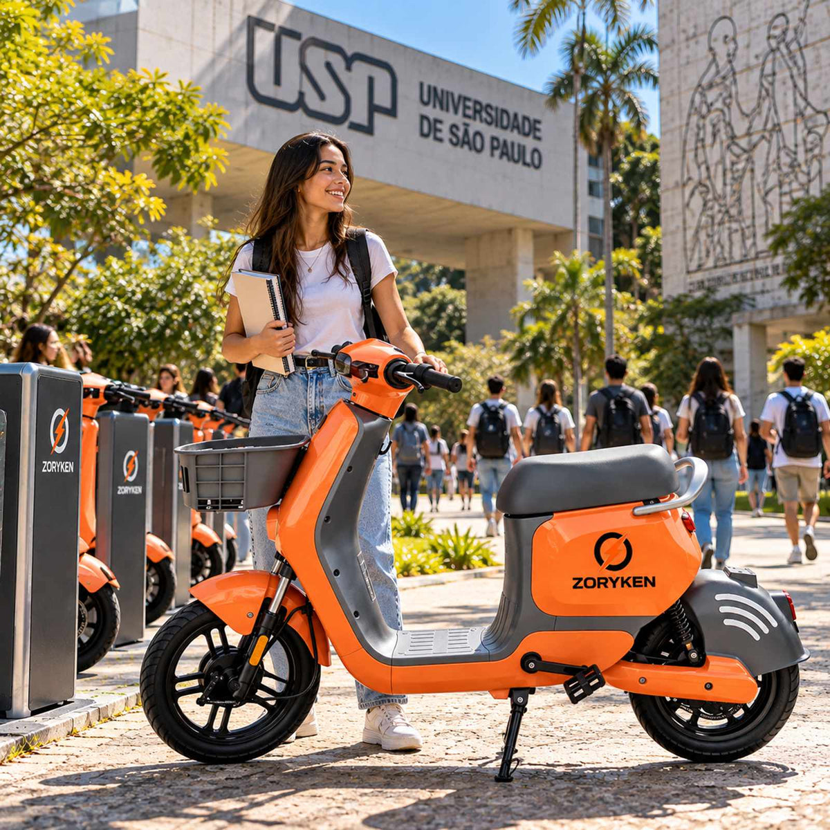 Scooter elétrica compartilhada ZORYKEN SH1 laranja em cena ilustrativa de campus universitário em São Paulo, com estudante, cesta dianteira e scooters estacionadas ao fundo.