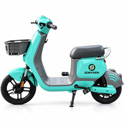 Scooter elétrica compartilhada ZORYKEN SH1 na cor turquesa, vista lateral, com cesta dianteira cinza, banco preto e logotipo ZORYKEN na carenagem lateral.