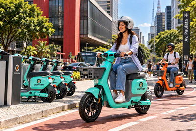 Scooters elétricas compartilhadas ZORYKEN SH1 nas cores turquesa e laranja em cena urbana na Avenida Paulista, São Paulo, com usuários de capacete e veículos estacionados.
