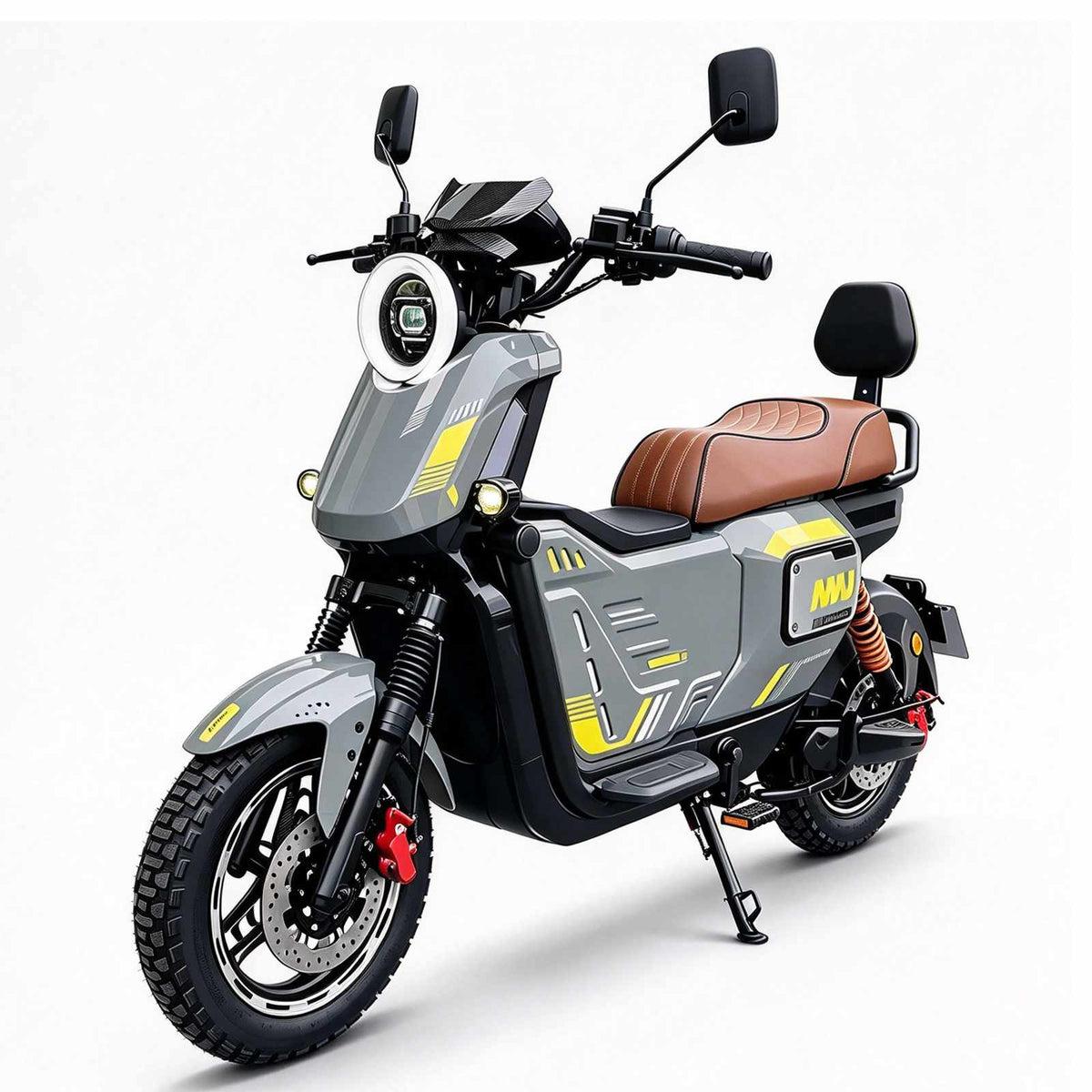 ZORYKEN U2 scooter elétrica cinza com farol circular LED, banco marrom, pneus largos e freio dianteiro a disco
