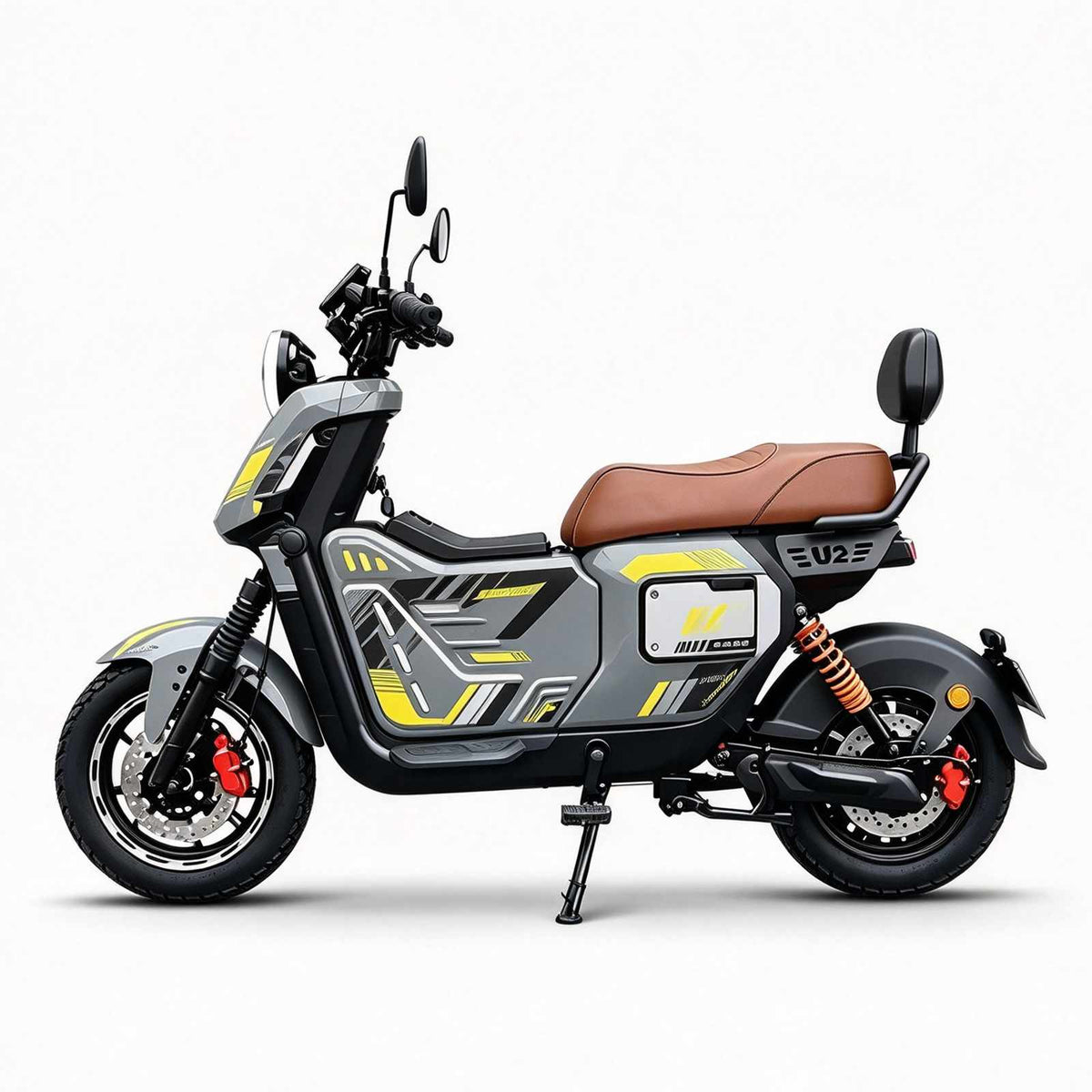 Vista lateral da ZORYKEN U2 scooter elétrica cinza com banco para dois ocupantes, encosto traseiro, suspensão e freios a disco