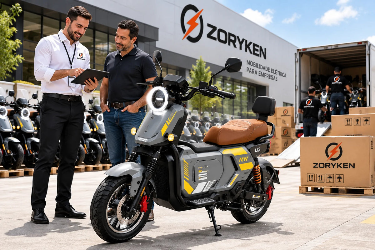 ZORYKEN U2 scooter elétrica cinza em cenário B2B com estoque, equipe comercial e operação de distribuição