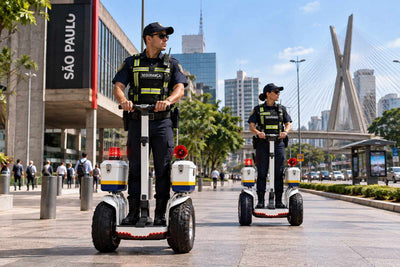 Dois profissionais de segurança patrulhando São Paulo em diciclos elétricos de autoequilíbrio ZORYKEN X60 brancos, com pneus largos, sinalizadores e compartimentos laterais.