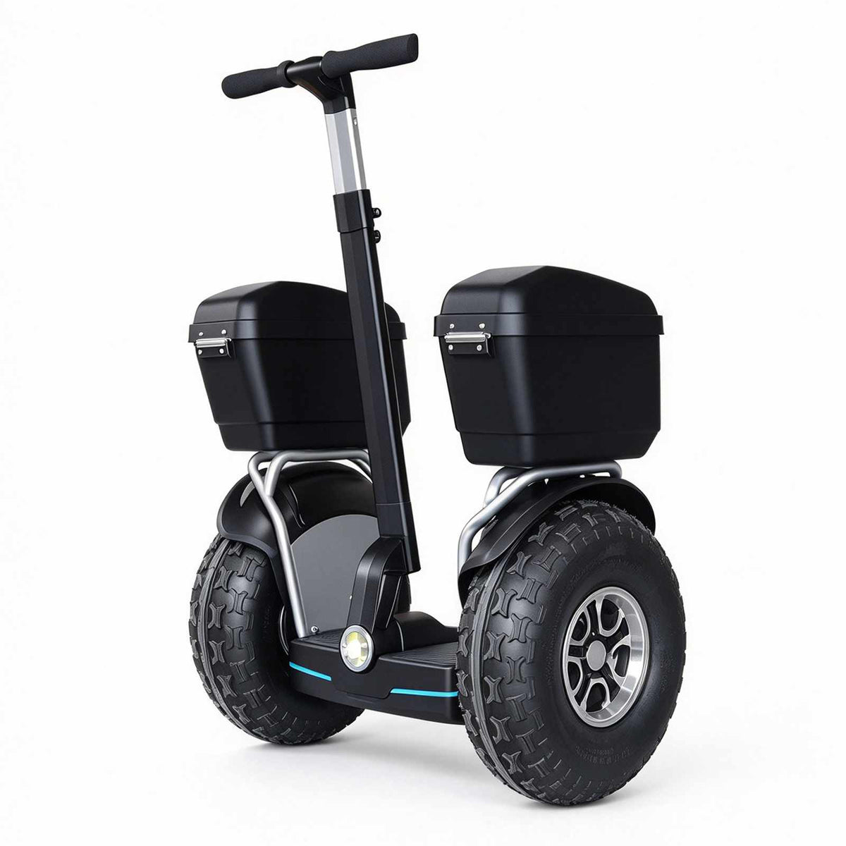 Diciclo elétrico de autoequilíbrio ZORYKEN X60 preto, com guidão ajustável, dois baús laterais pretos e pneus largos com rodas de alumínio.