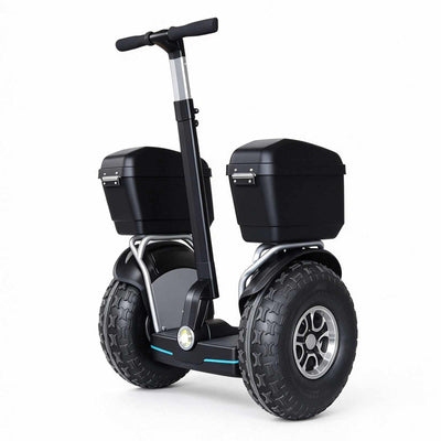 Diciclo elétrico de autoequilíbrio ZORYKEN X60 preto, com guidão ajustável, dois baús laterais pretos e pneus largos com rodas de alumínio.