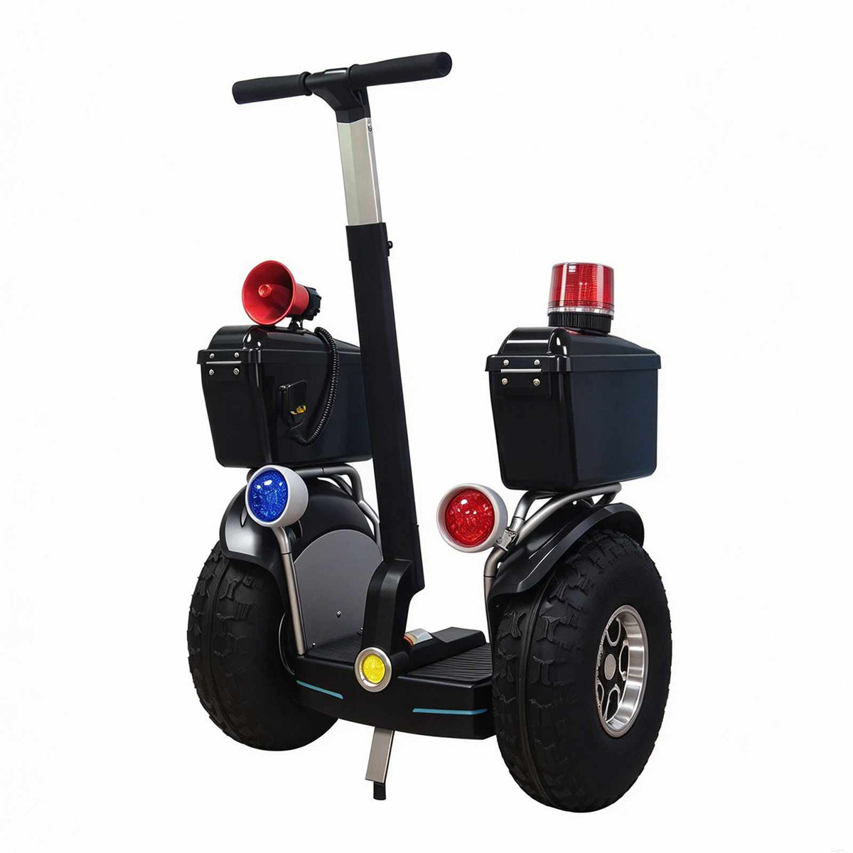 Diciclo elétrico de autoequilíbrio ZORYKEN X60 preto, com sinalizadores vermelhos e azuis, sirene, compartimentos laterais e pneus all-terrain largos.