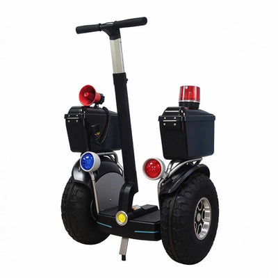 Diciclo elétrico de autoequilíbrio ZORYKEN X60 preto, com sinalizadores vermelhos e azuis, sirene, compartimentos laterais e pneus all-terrain largos.