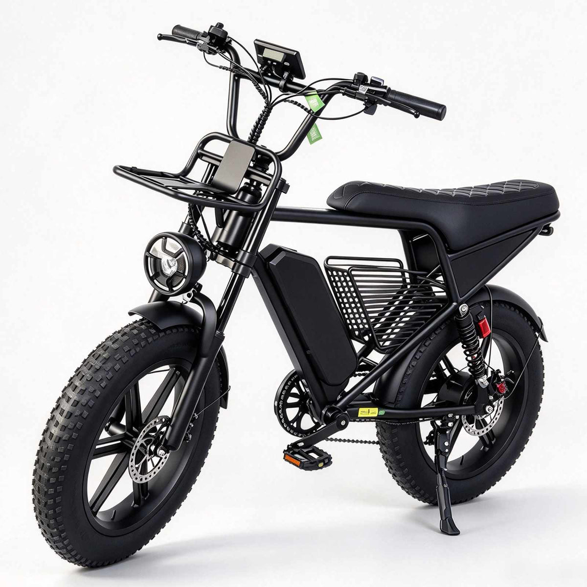 ZORYKEN X8 bicicleta elétrica de carga preta com bagageiro dianteiro, cesta central, bateria no quadro e pneus Fat