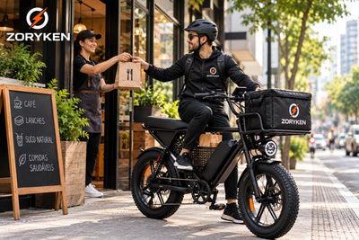 ZORYKEN X8 bicicleta elétrica de carga em operação de delivery urbano com mercadorias no bagageiro dianteiro