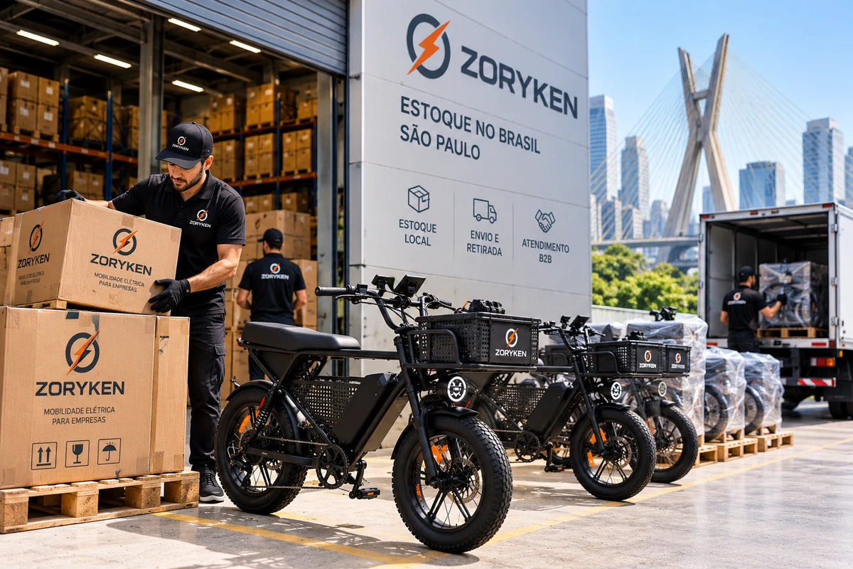 Bicicletas elétricas de carga ZORYKEN X8 em operação B2B de estoque e fornecimento local em São Paulo