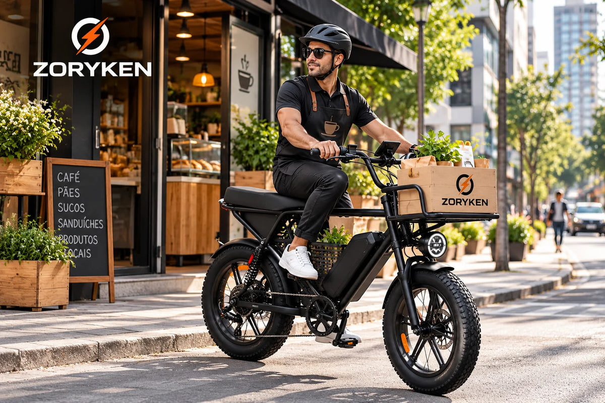 ZORYKEN X8 bicicleta elétrica de carga com bagageiro dianteiro transportando mercadorias em operação comercial urbana