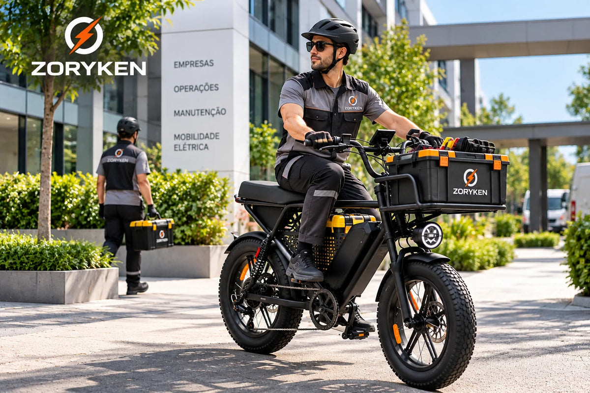 ZORYKEN X8 bicicleta elétrica de carga com caixa de ferramentas em operação comercial dentro de ambiente empresarial