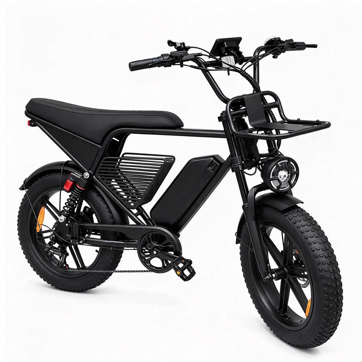 ZORYKEN X8 bicicleta elétrica de carga preta com bagageiro dianteiro, cesta central e pneus Fat 20 x 4.0