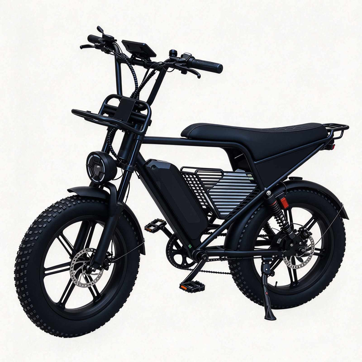 ZORYKEN X8 bicicleta elétrica de carga preta vista pela lateral esquerda, com bagageiro dianteiro, cesta central e pneus largos