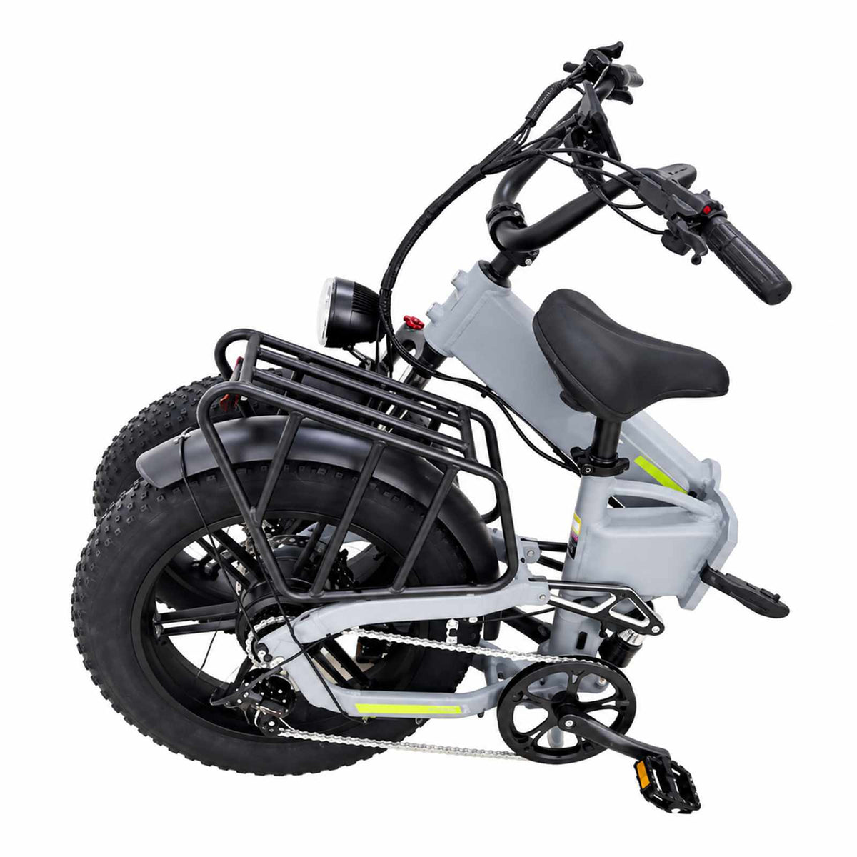 ZORYKEN X9 bicicleta elétrica dobrável cinza em posição dobrada, com pneus Fat 20×4.0 e bagageiro traseiro