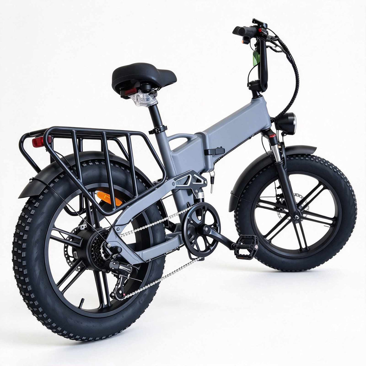 ZORYKEN X9 bicicleta elétrica dobrável cinza vista pela traseira, com bagageiro traseiro, pneus Fat 20×4.0 e câmbio traseiro