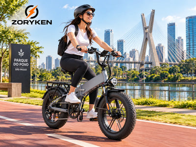 ZORYKEN X9 bicicleta elétrica dobrável com pneus Fat em ciclovia urbana em São Paulo