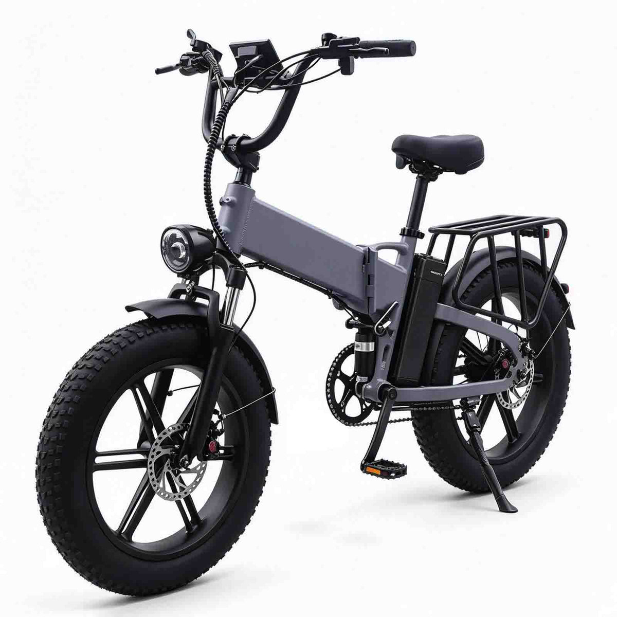 ZORYKEN X9 bicicleta elétrica dobrável cinza com pneus Fat 20×4.0, suspensão dianteira e bagageiro traseiro