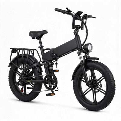 ZORYKEN X9 bicicleta elétrica dobrável preta com pneus Fat 20×4.0, farol dianteiro e bagageiro traseiro