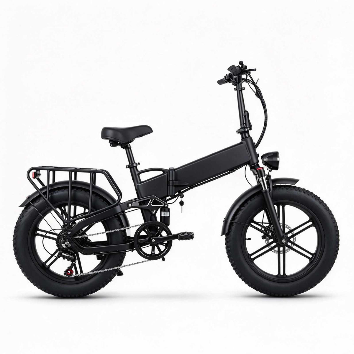 ZORYKEN X9 bicicleta elétrica dobrável preta em vista lateral, com pneus Fat 20×4.0 e bagageiro traseiro