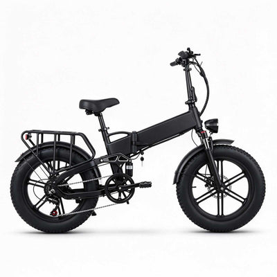 ZORYKEN X9 bicicleta elétrica dobrável preta em vista lateral, com pneus Fat 20×4.0 e bagageiro traseiro