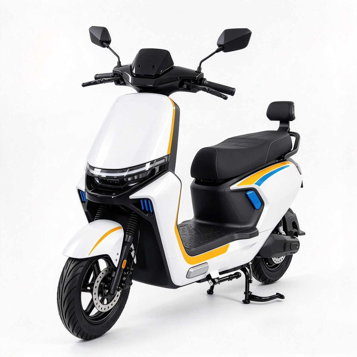 Scooter elétrica ZORYKEN Y2 para operações B2B, em acabamento branco e amarelo, com retrovisores, freio a disco dianteiro e encosto traseiro
