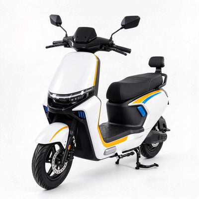 Scooter elétrica ZORYKEN Y2 para operações B2B, em acabamento branco e amarelo, com retrovisores, freio a disco dianteiro e encosto traseiro