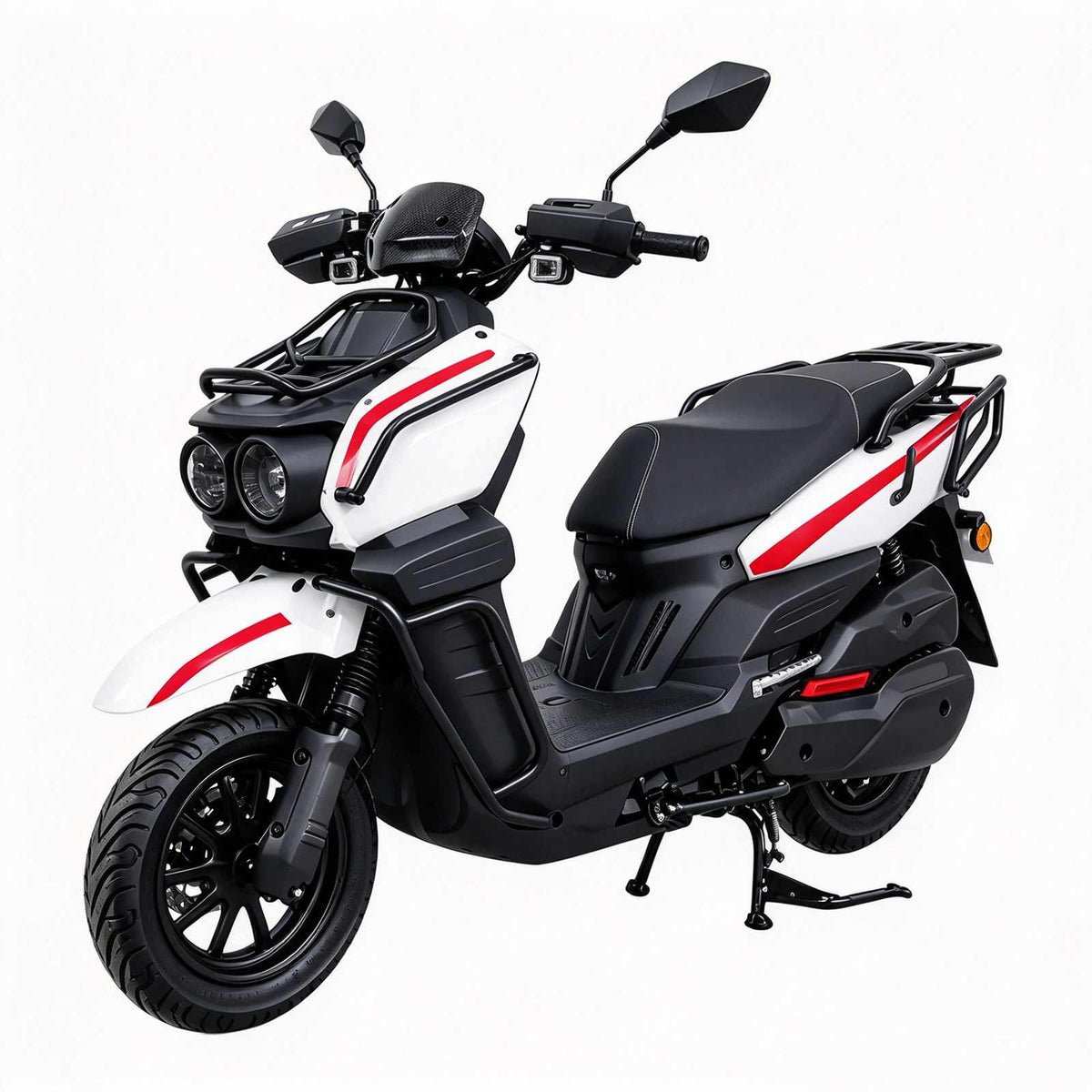 Scooter elétrica ZORYKEN Y3 TANK para fornecimento B2B, em acabamento branco e vermelho, com faróis duplos, proteções tubulares e bagageiros