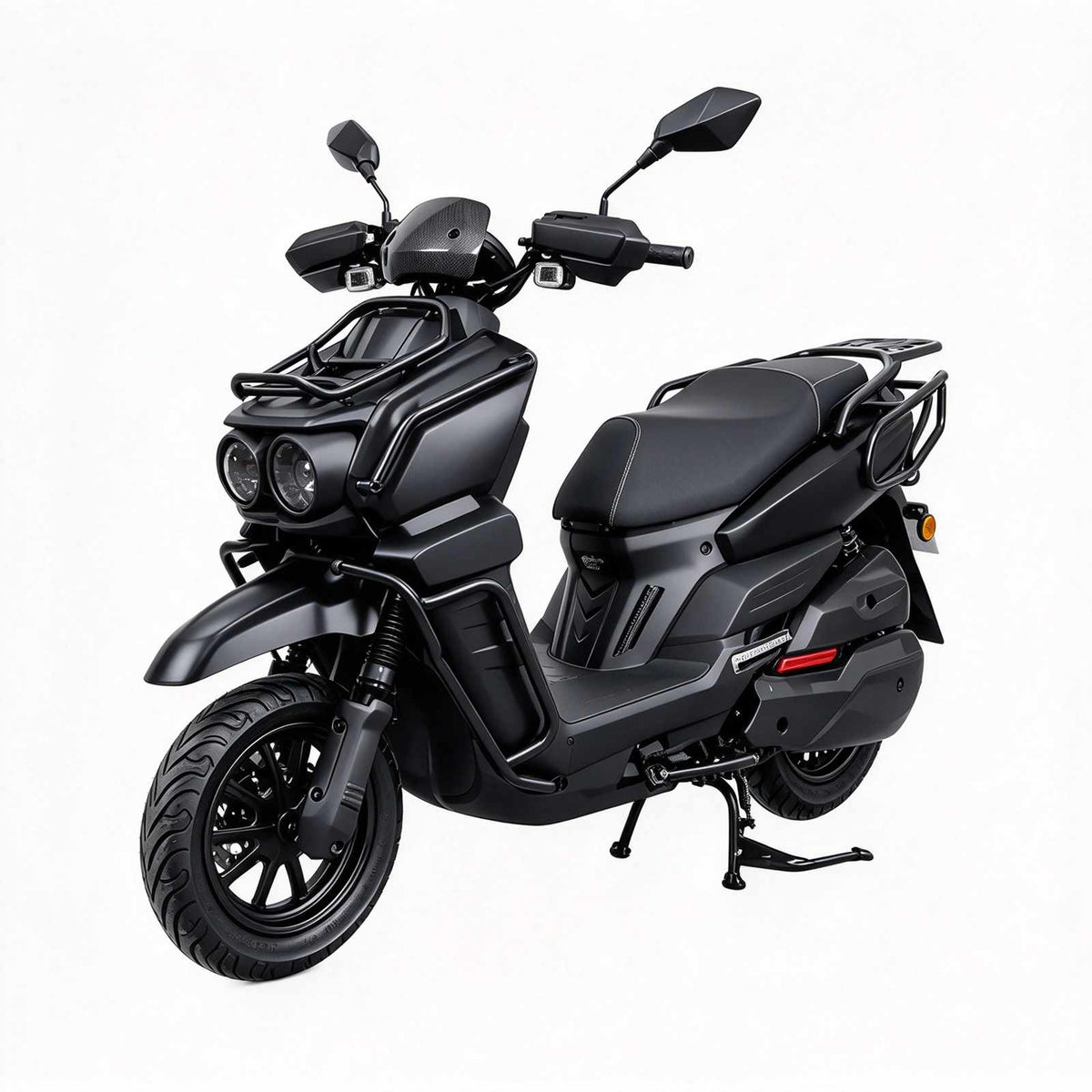 Scooter elétrica ZORYKEN Y3 TANK para operações B2B, em acabamento preto, com faróis duplos, estrutura tubular de proteção e bagageiro traseiro