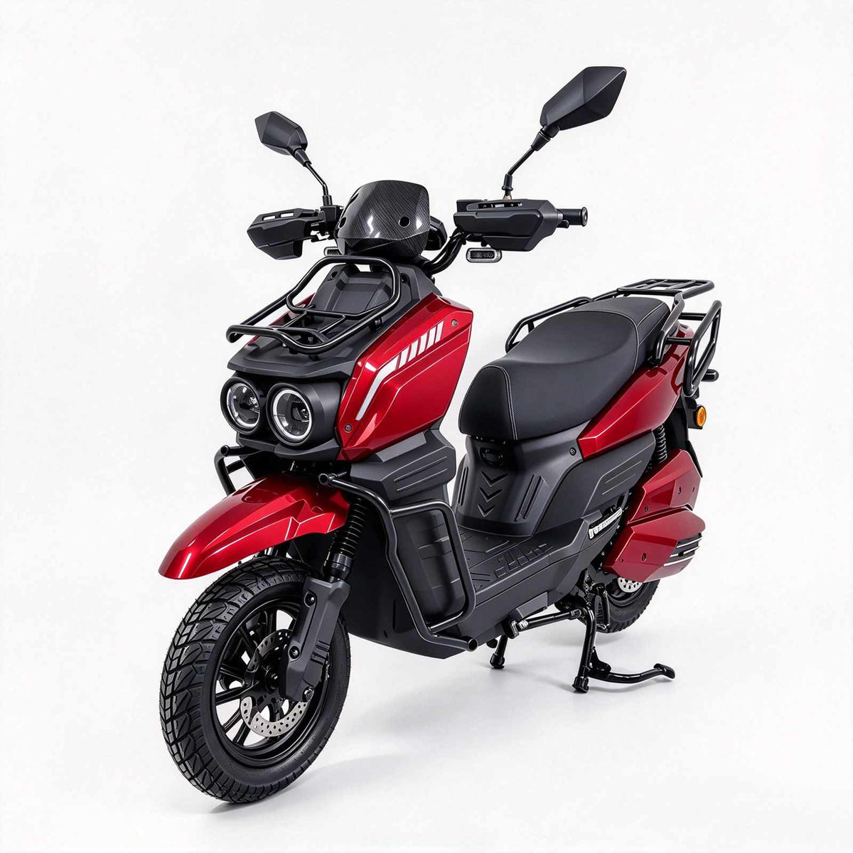Scooter elétrica ZORYKEN Y3 TANK para fornecimento B2B, em acabamento vermelho e preto, com faróis duplos, proteções tubulares e bagageiro traseiro