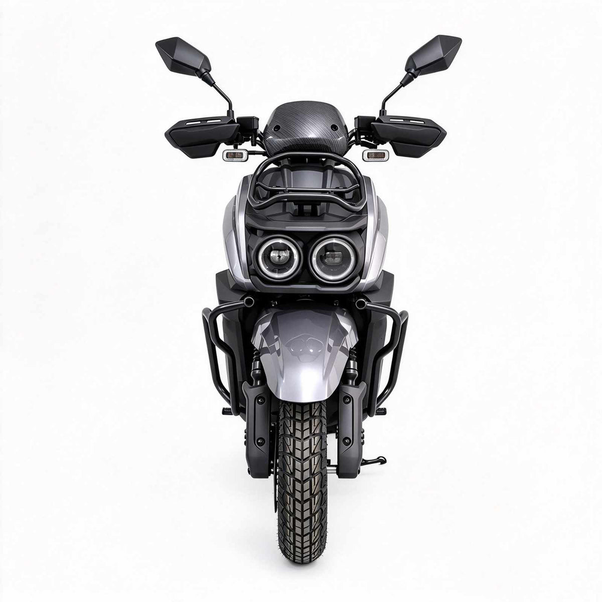 Vista frontal da scooter elétrica ZORYKEN Y3 TANK para operações B2B, com faróis duplos, retrovisores, protetores de mãos e estrutura tubular dianteira