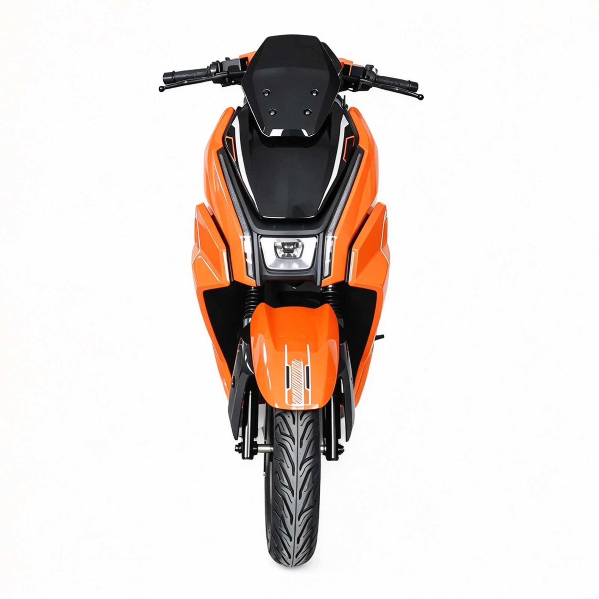 Vista frontal da scooter elétrica ZORYKEN Y4 para fornecimento B2B, em acabamento laranja e preto, com farol dianteiro e suspensão