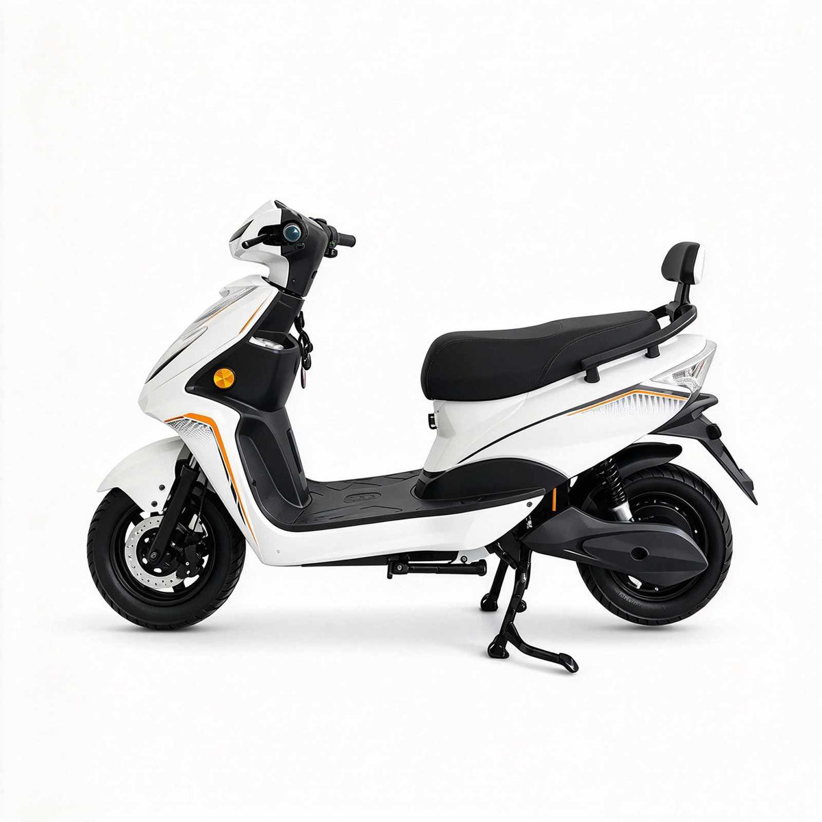 Vista lateral da scooter elétrica ZORYKEN Y5 para fornecimento B2B, em acabamento branco e preto, com freio a disco dianteiro e banco com encosto traseiro